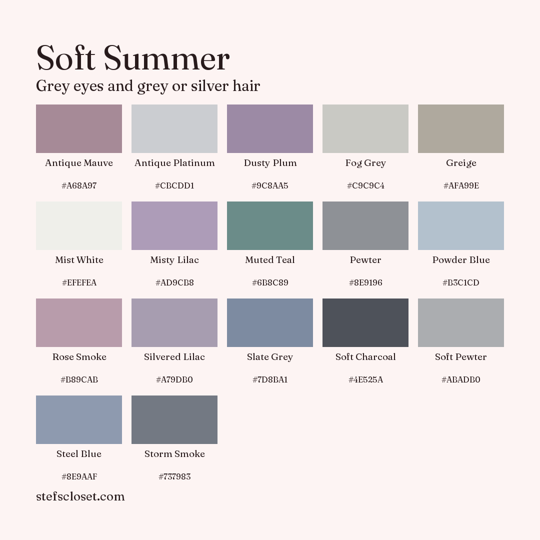 Soft Summer palette: 17 colors, Antique Mauve, Antique Platinum, Dusty Plum, and more, each with its hex code.