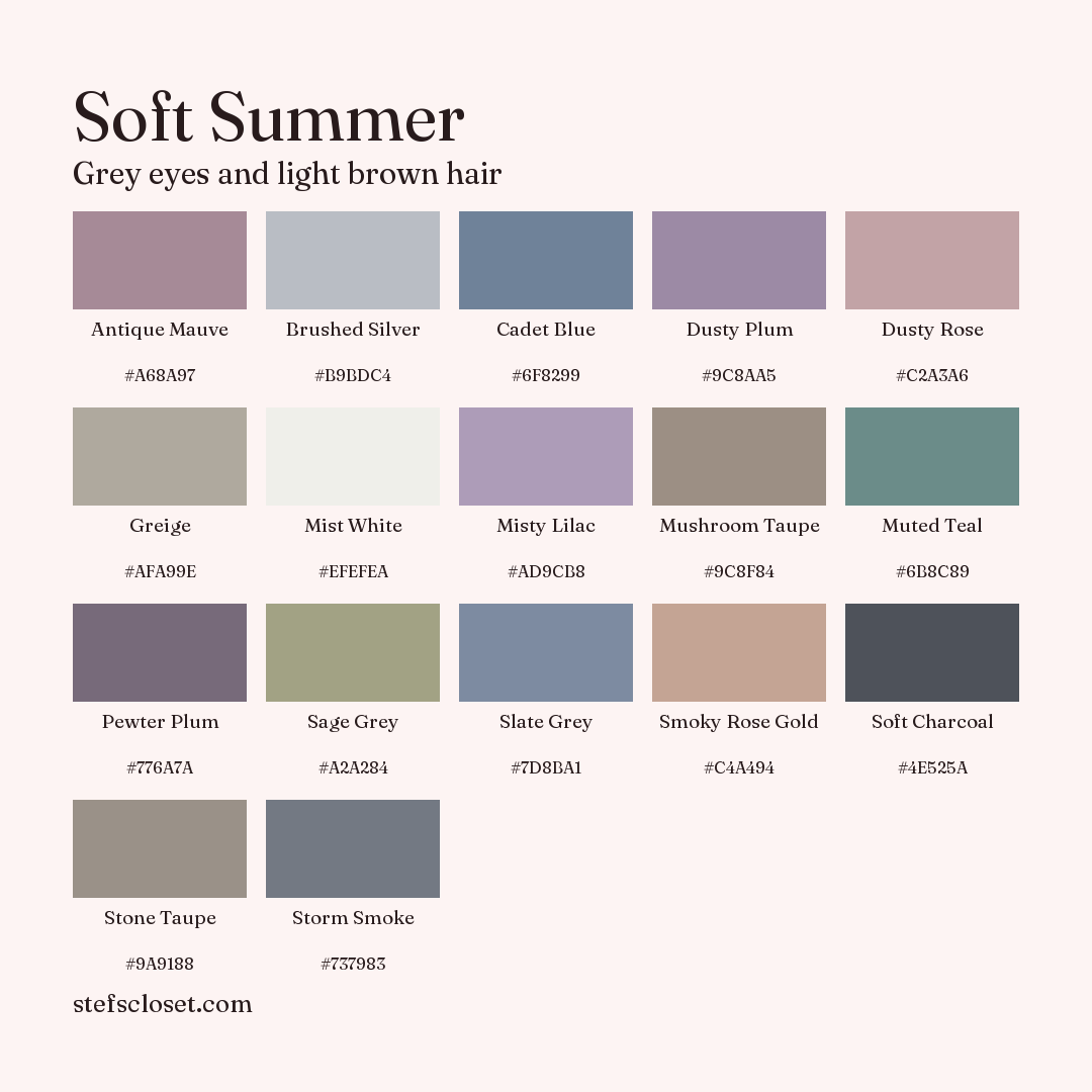 Soft Summer palette: 17 colors, Antique Mauve, Brushed Silver, Cadet Blue, and more, each with its hex code.