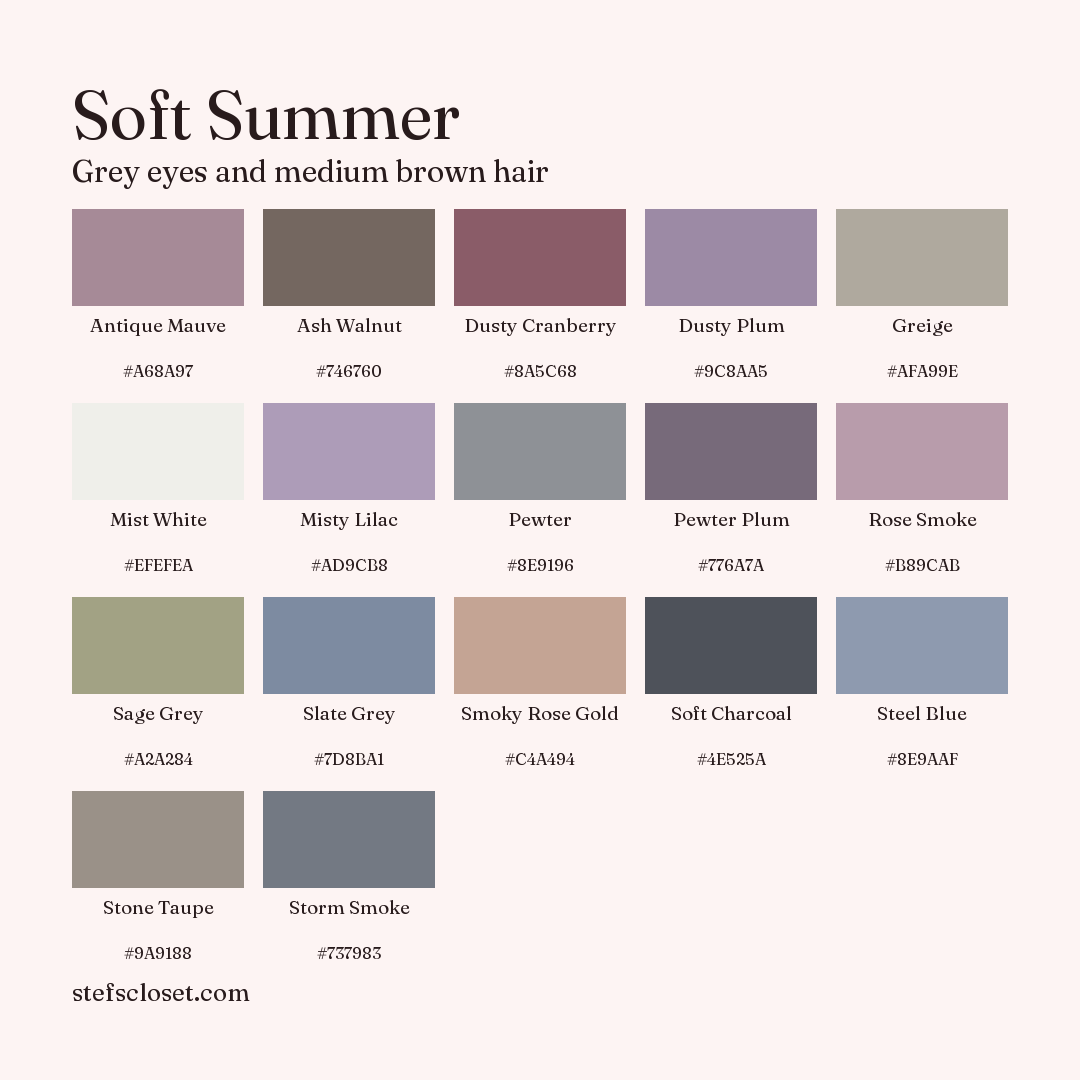 Soft Summer palette: 17 colors, Antique Mauve, Ash Walnut, Dusty Cranberry, and more, each with its hex code.