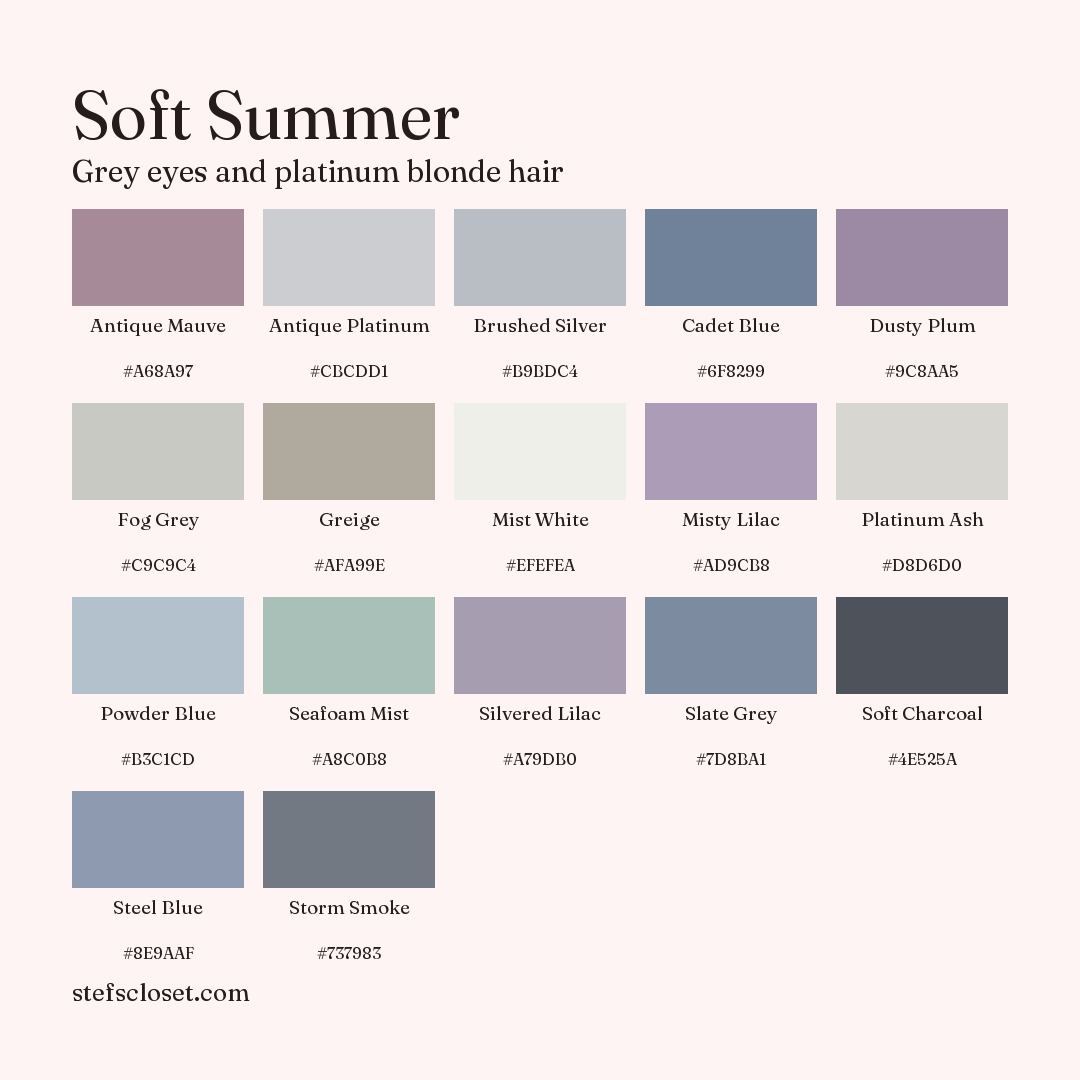 Soft Summer palette: 17 colors, Antique Mauve, Antique Platinum, Brushed Silver, and more, each with its hex code.