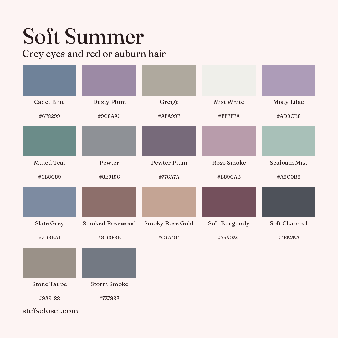Soft Summer palette: 17 colors, Cadet Blue, Dusty Plum, Greige, and more, each with its hex code.