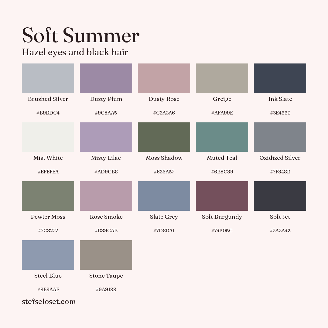 Soft Summer palette: 17 colors, Brushed Silver, Dusty Plum, Dusty Rose, and more, each with its hex code.