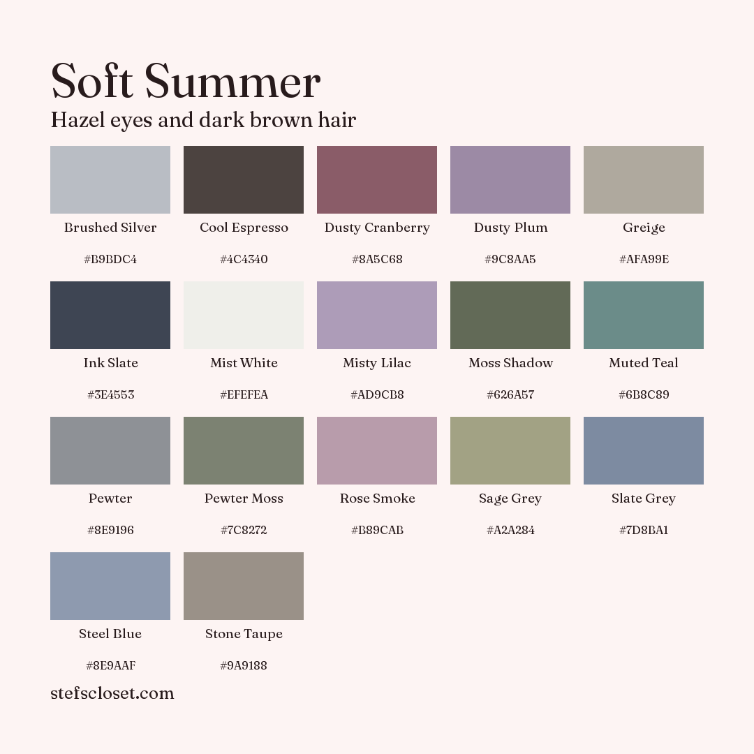 Soft Summer palette: 17 colors, Brushed Silver, Cool Espresso, Dusty Cranberry, and more, each with its hex code.
