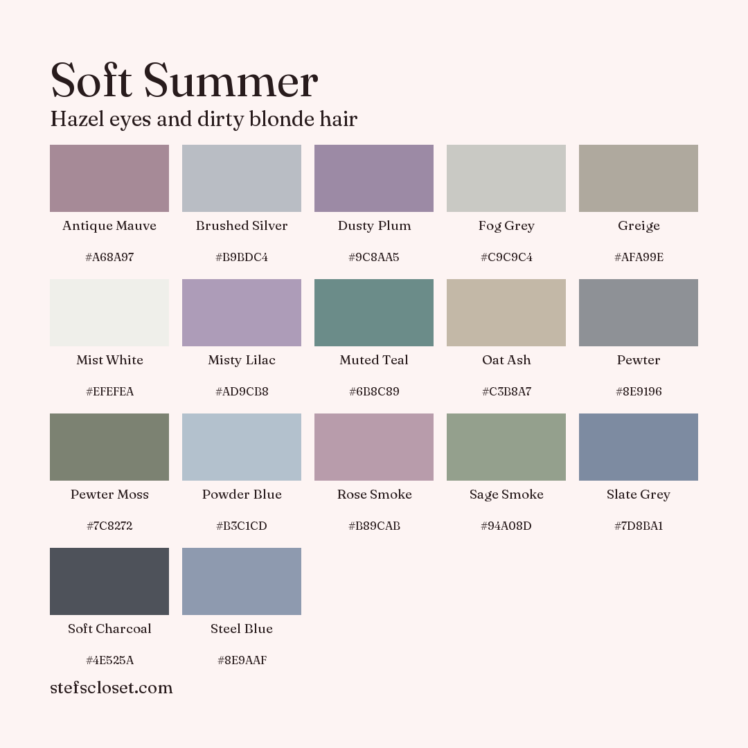 Soft Summer palette: 17 colors, Antique Mauve, Brushed Silver, Dusty Plum, and more, each with its hex code.