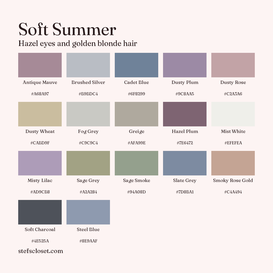 Soft Summer palette: 17 colors, Antique Mauve, Brushed Silver, Cadet Blue, and more, each with its hex code.