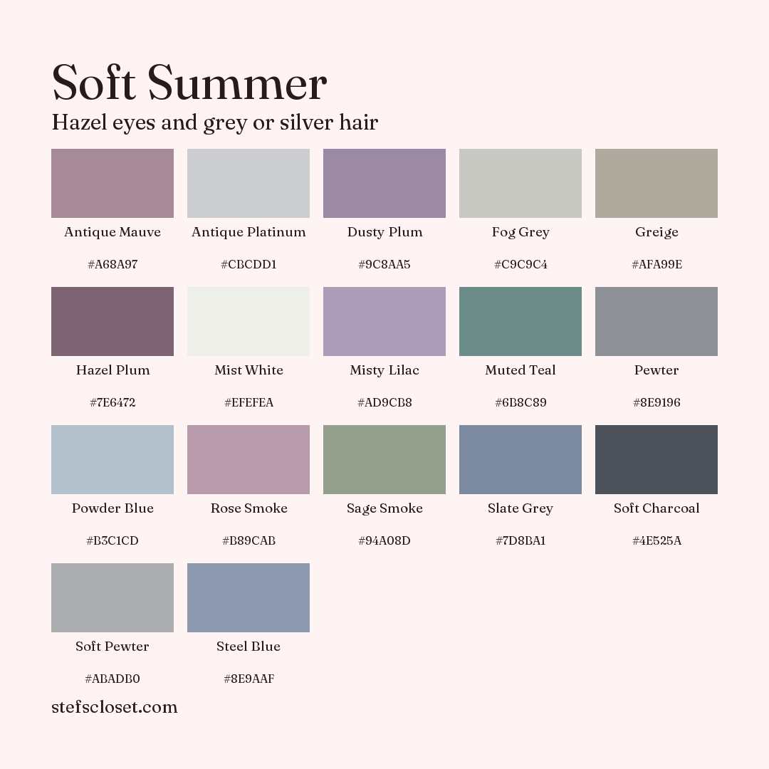 Soft Summer palette: 17 colors, Antique Mauve, Antique Platinum, Dusty Plum, and more, each with its hex code.