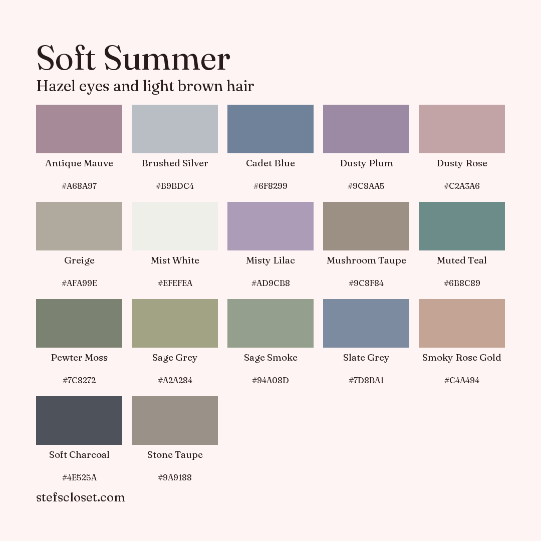 Soft Summer palette: 17 colors, Antique Mauve, Brushed Silver, Cadet Blue, and more, each with its hex code.
