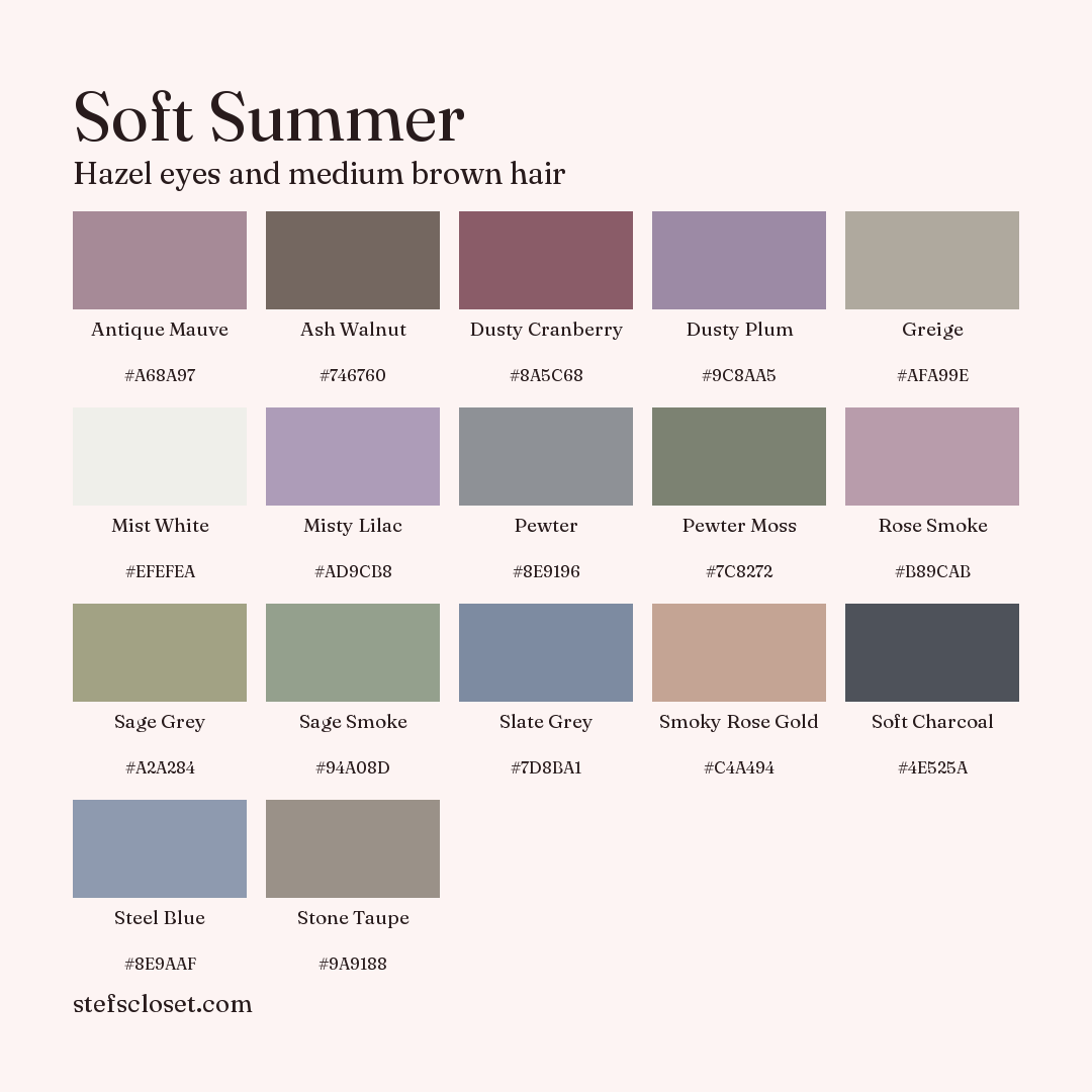 Soft Summer palette: 17 colors, Antique Mauve, Ash Walnut, Dusty Cranberry, and more, each with its hex code.