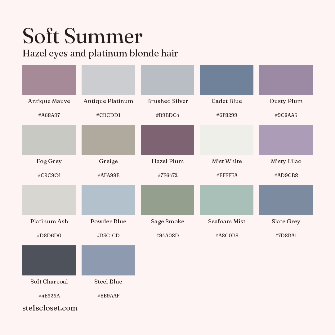 Soft Summer palette: 17 colors, Antique Mauve, Antique Platinum, Brushed Silver, and more, each with its hex code.