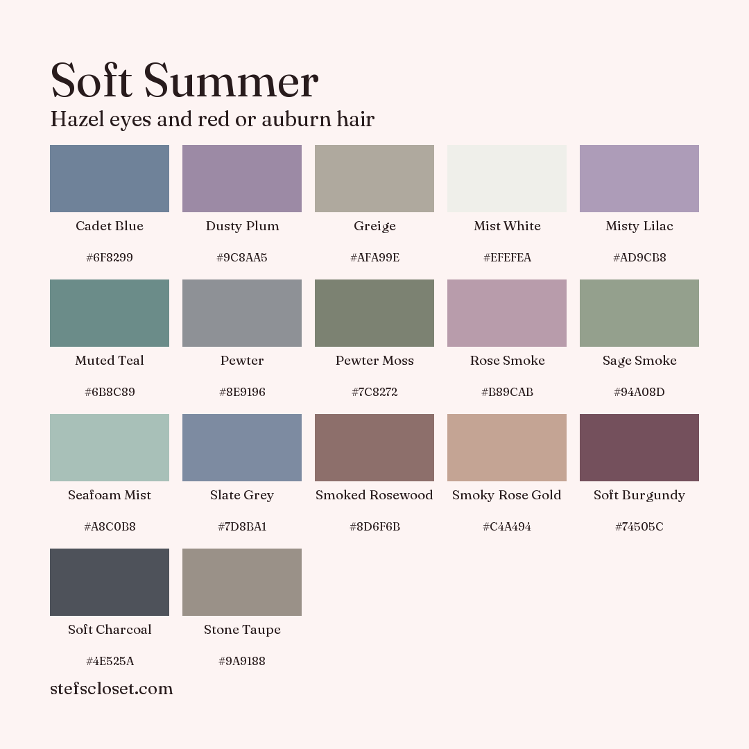 Soft Summer palette: 17 colors, Cadet Blue, Dusty Plum, Greige, and more, each with its hex code.