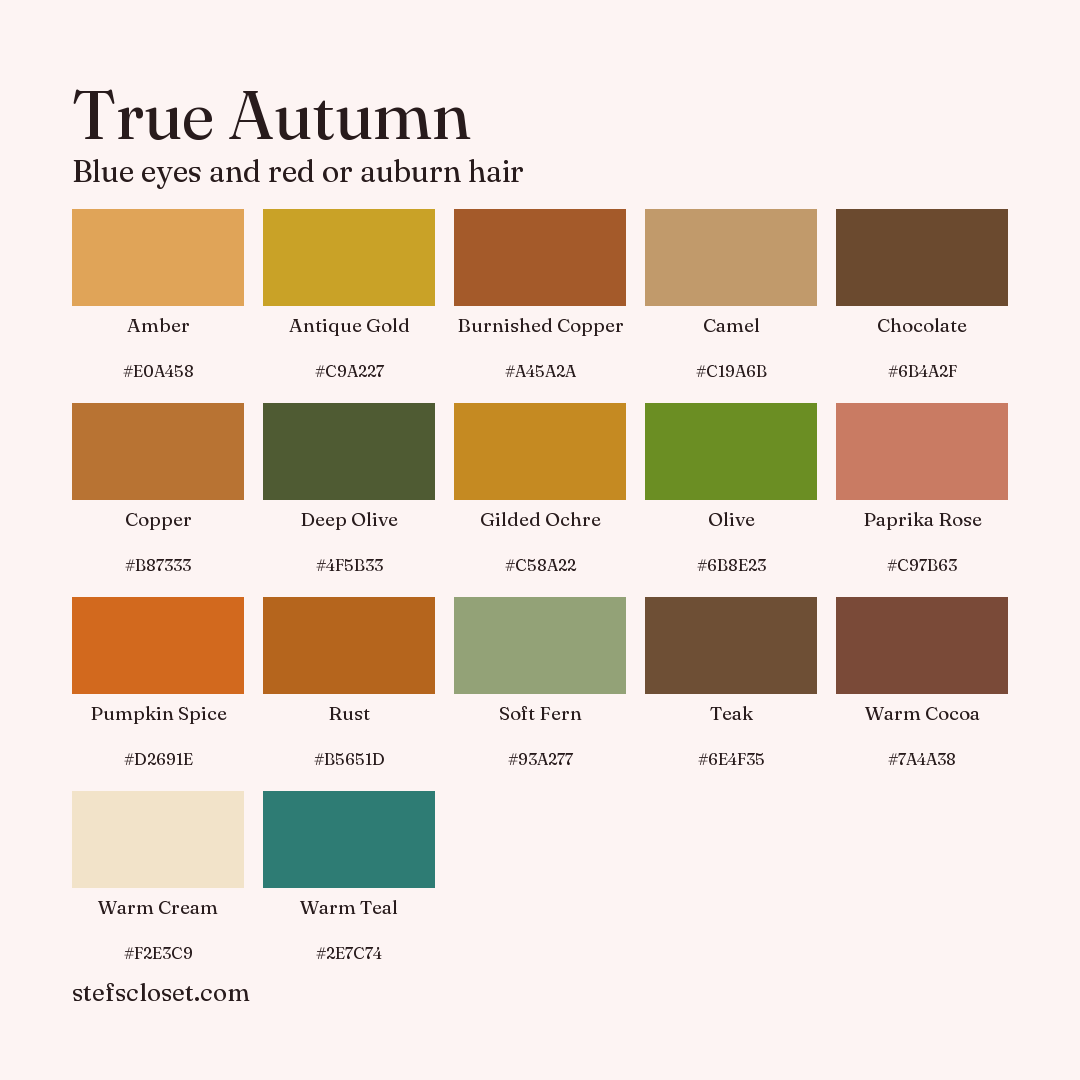 True Autumn palette: 17 colors, Amber, Antique Gold, Burnished Copper, and more, each with its hex code.