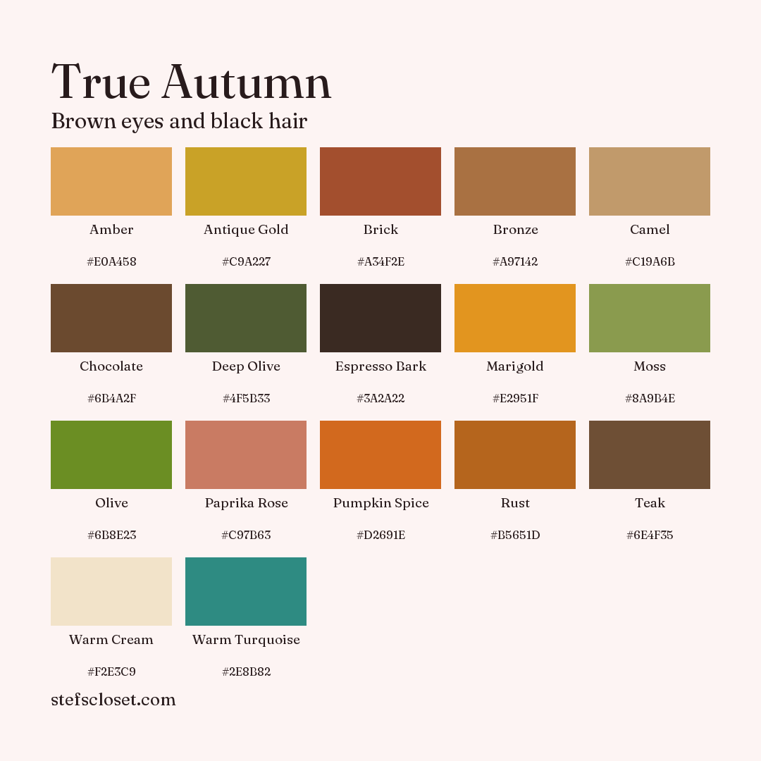 True Autumn palette: 17 colors, Amber, Antique Gold, Brick, and more, each with its hex code.