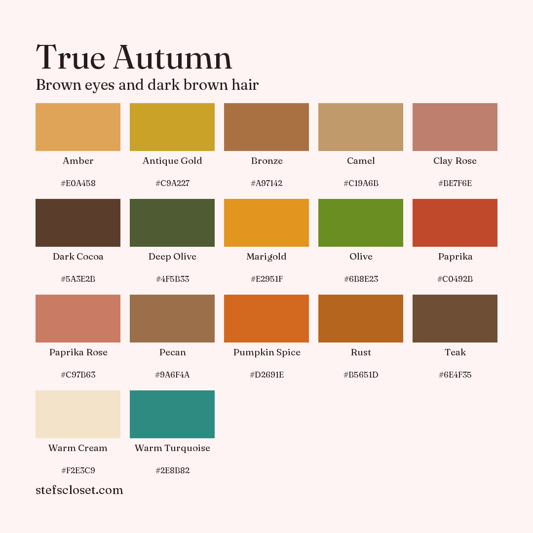 True Autumn palette: 17 colors, Amber, Antique Gold, Bronze, and more, each with its hex code.