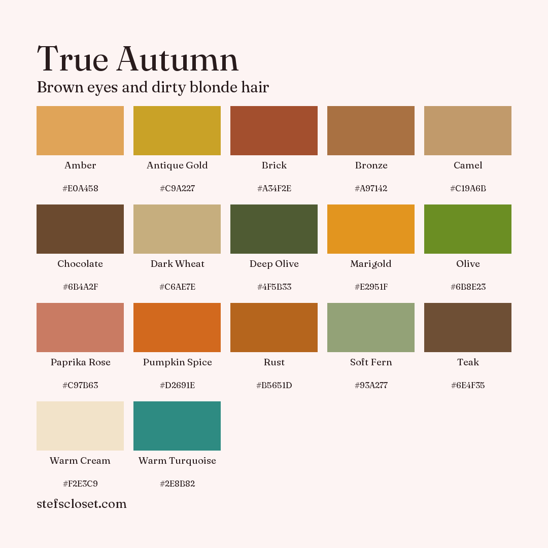 True Autumn palette: 17 colors, Amber, Antique Gold, Brick, and more, each with its hex code.