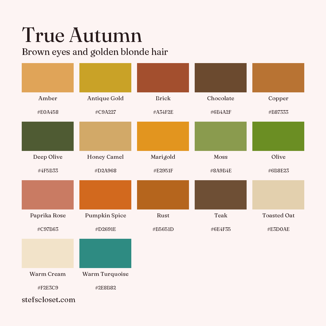 True Autumn palette: 17 colors, Amber, Antique Gold, Brick, and more, each with its hex code.