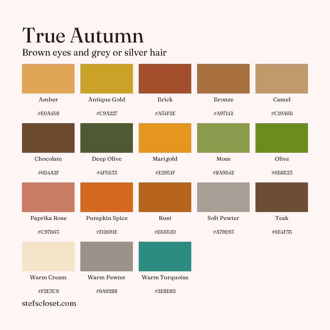 True Autumn palette: 18 colors, Amber, Antique Gold, Brick, and more, each with its hex code.