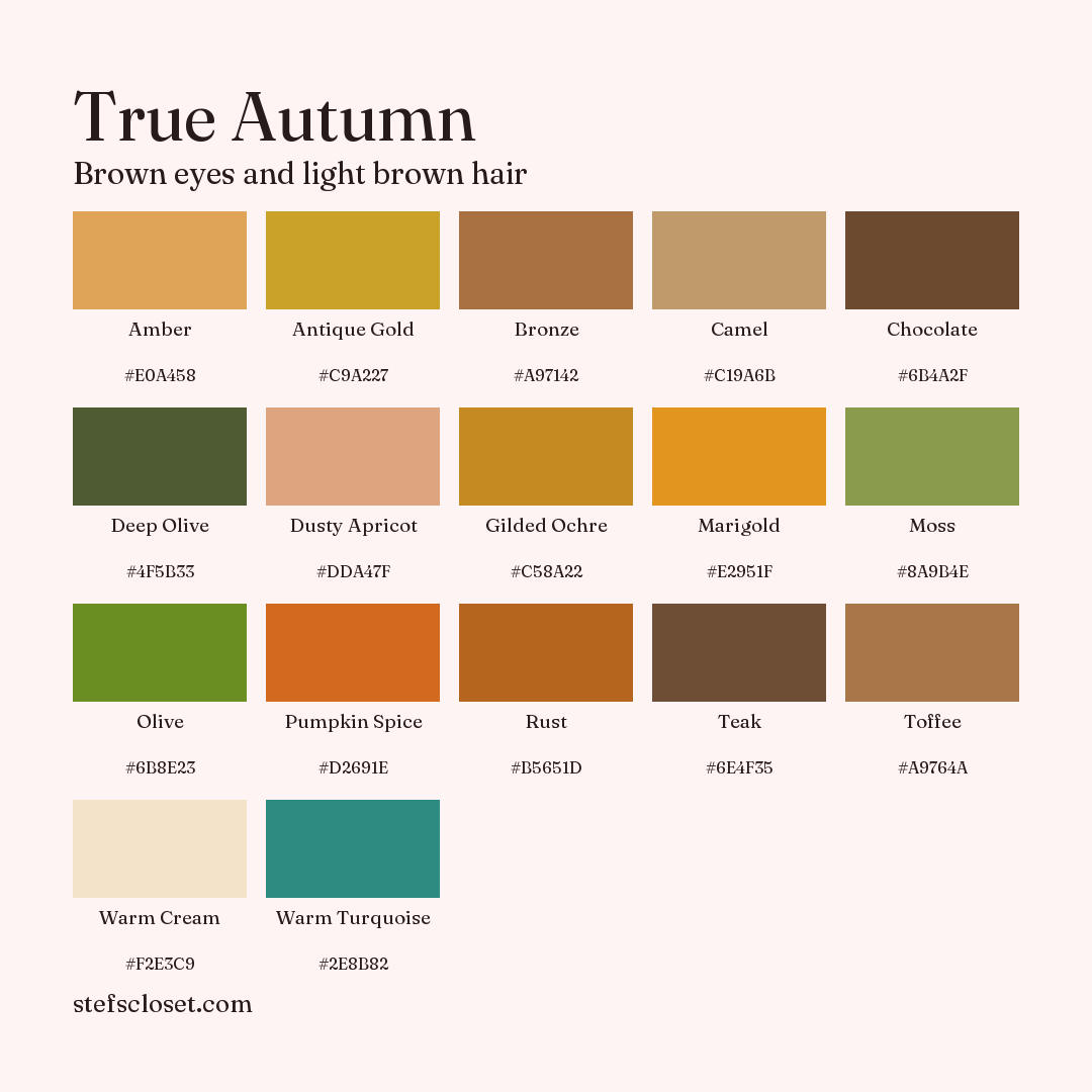 True Autumn palette: 17 colors, Amber, Antique Gold, Bronze, and more, each with its hex code.