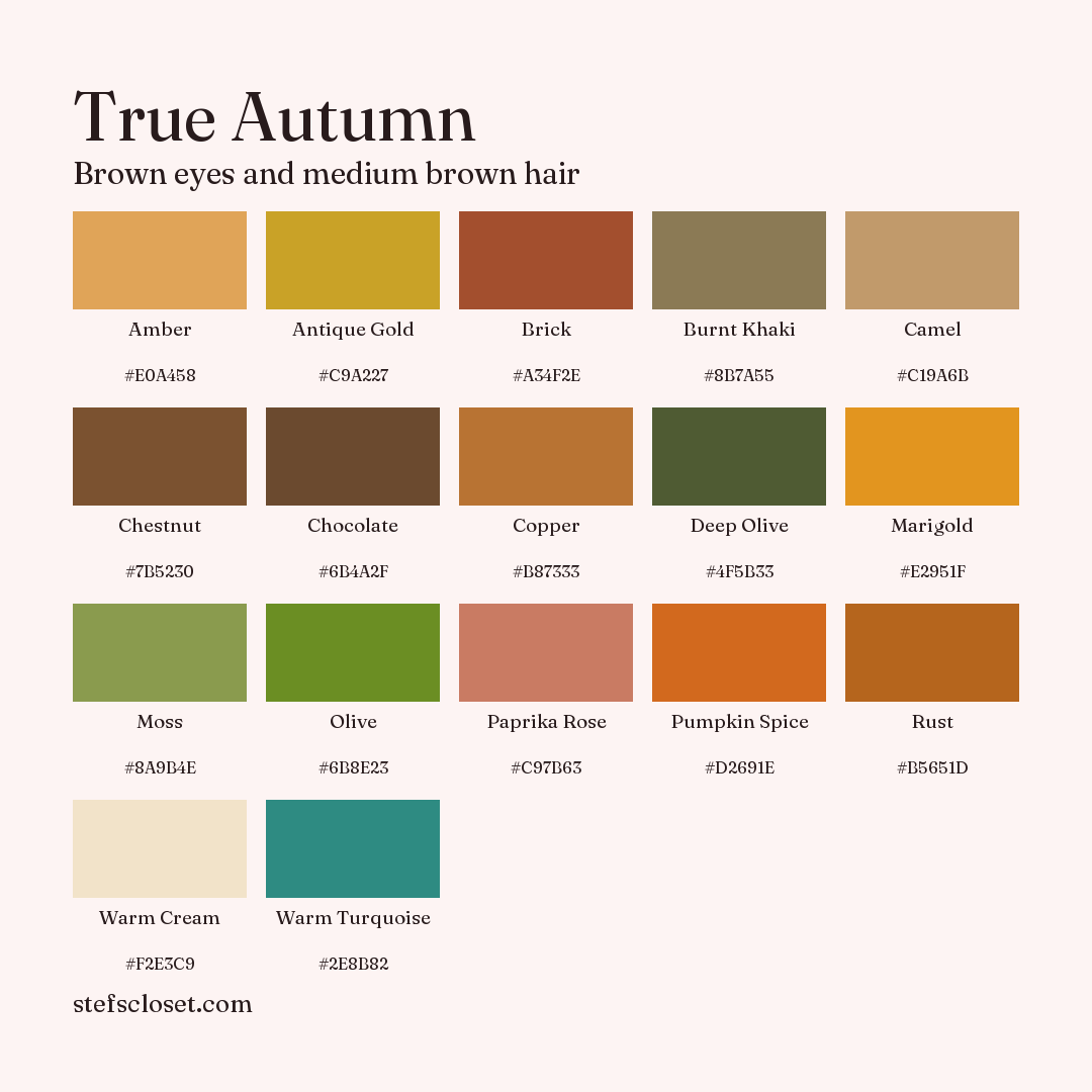 True Autumn palette: 17 colors, Amber, Antique Gold, Brick, and more, each with its hex code.