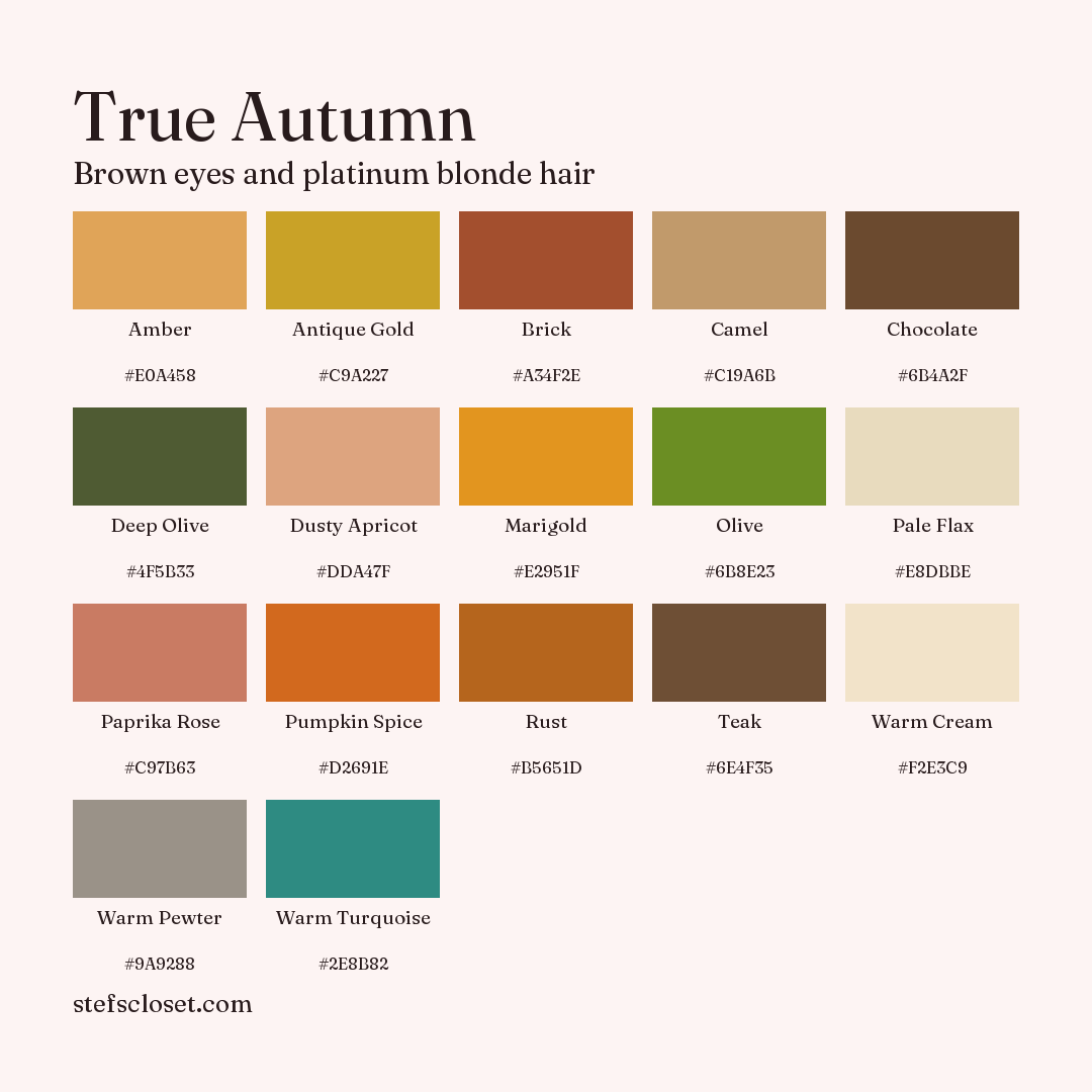 True Autumn palette: 17 colors, Amber, Antique Gold, Brick, and more, each with its hex code.