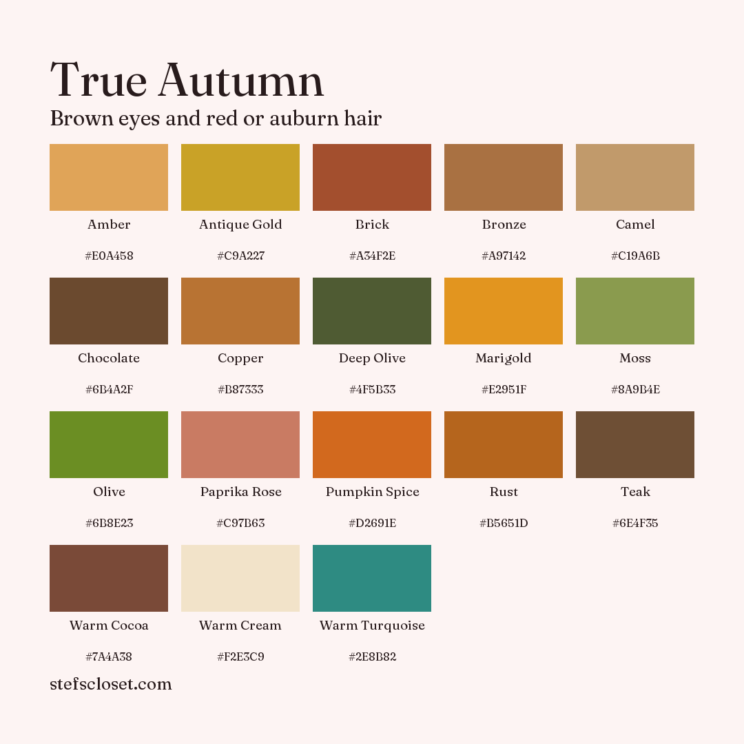 True Autumn palette: 18 colors, Amber, Antique Gold, Brick, and more, each with its hex code.