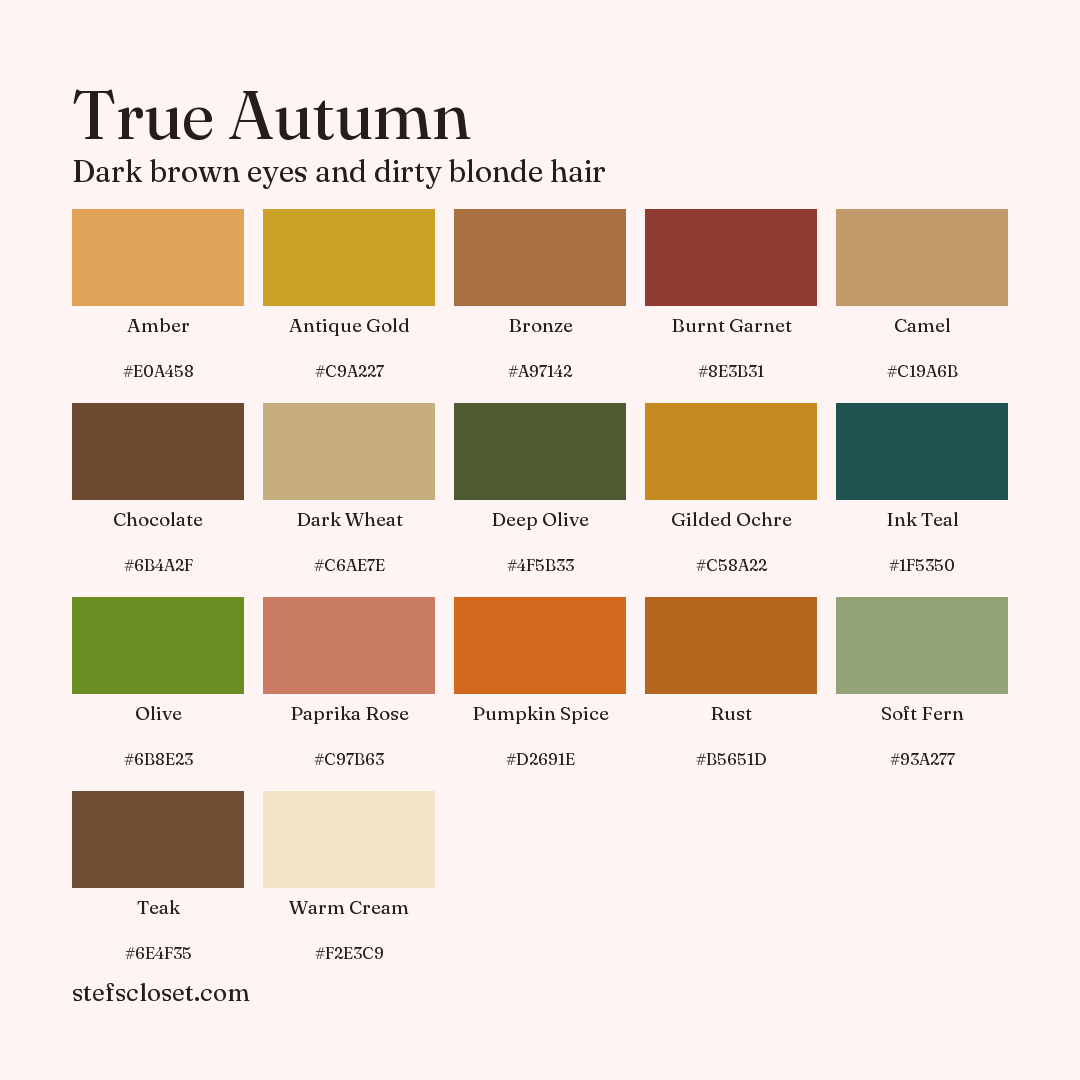 True Autumn palette: 17 colors, Amber, Antique Gold, Bronze, and more, each with its hex code.