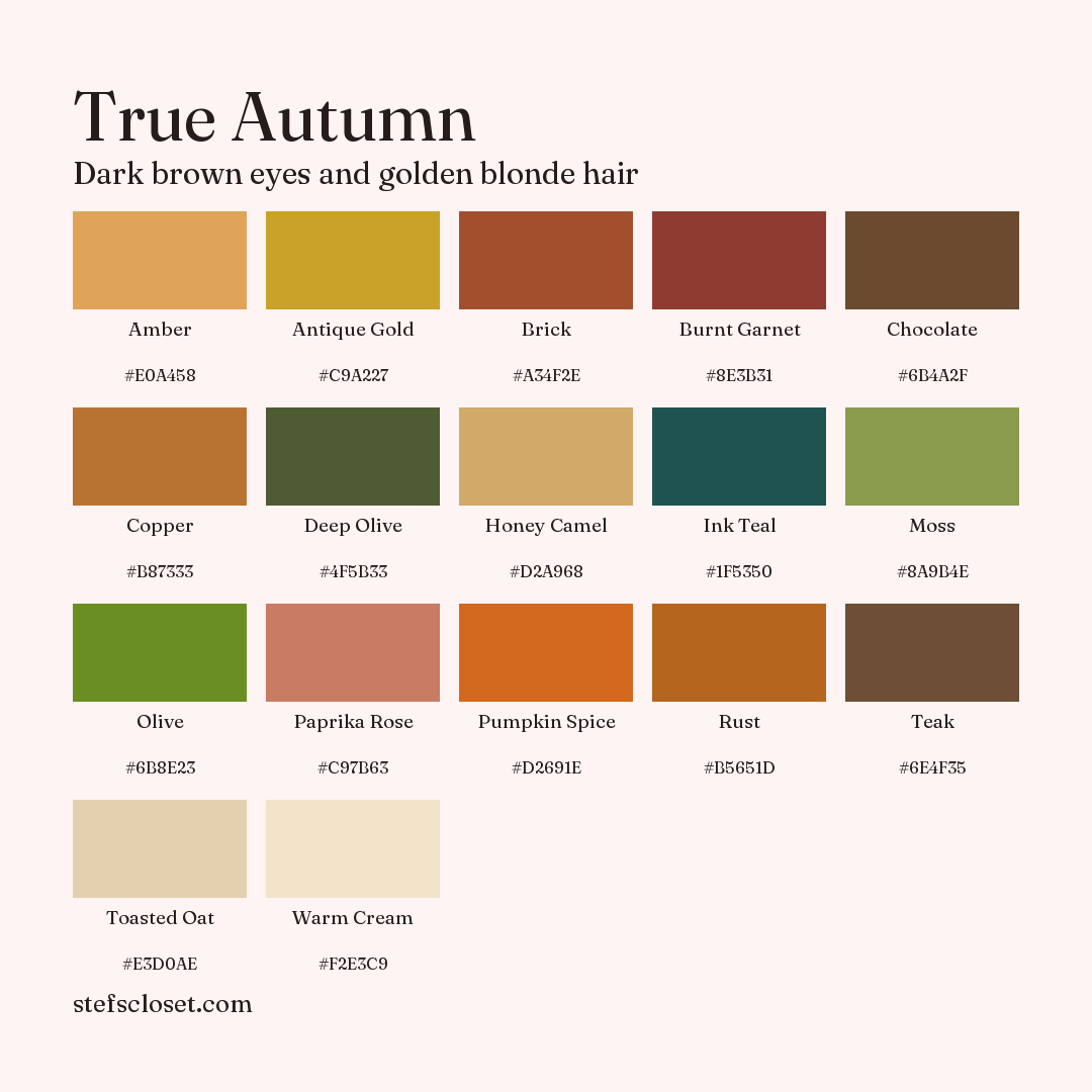 True Autumn palette: 17 colors, Amber, Antique Gold, Brick, and more, each with its hex code.