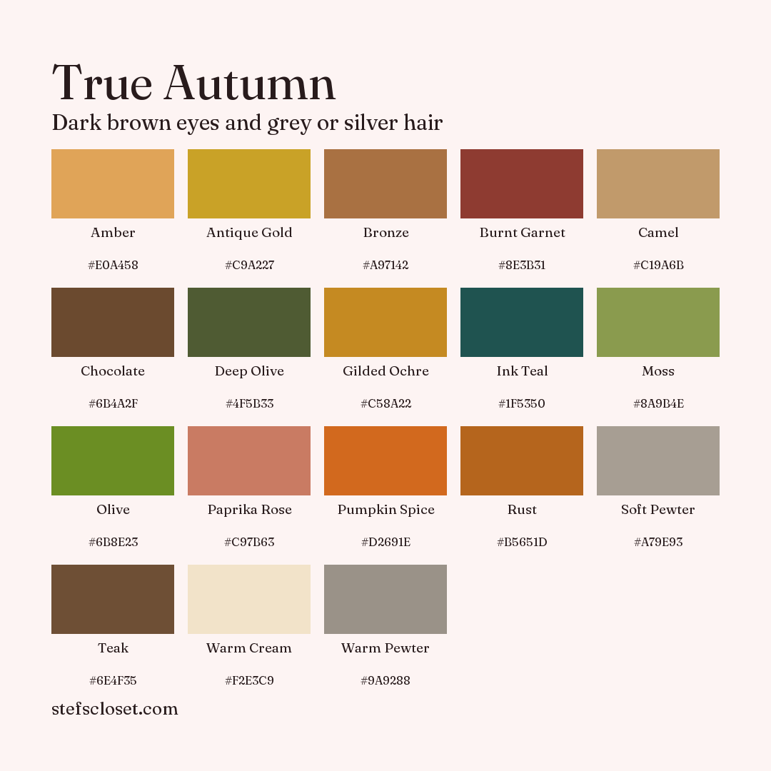 True Autumn palette: 18 colors, Amber, Antique Gold, Bronze, and more, each with its hex code.