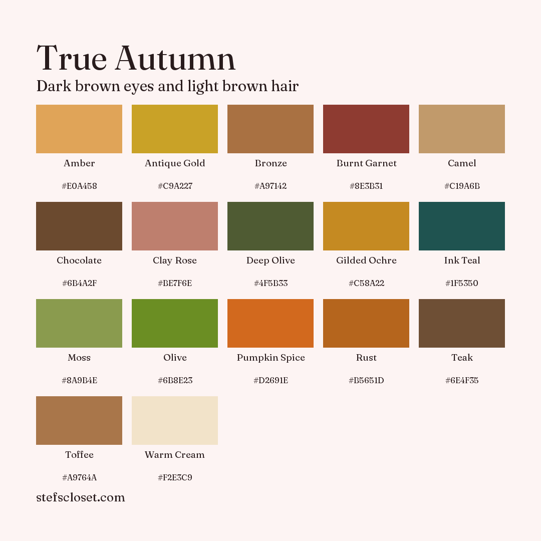 True Autumn palette: 17 colors, Amber, Antique Gold, Bronze, and more, each with its hex code.