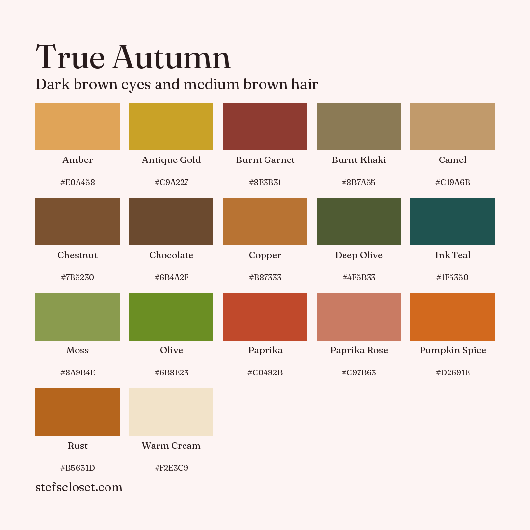 True Autumn palette: 17 colors, Amber, Antique Gold, Burnt Garnet, and more, each with its hex code.