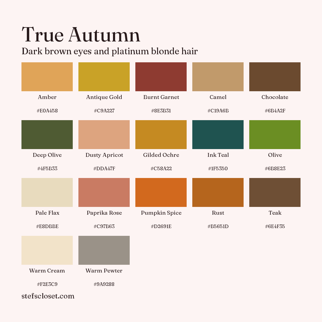 True Autumn palette: 17 colors, Amber, Antique Gold, Burnt Garnet, and more, each with its hex code.