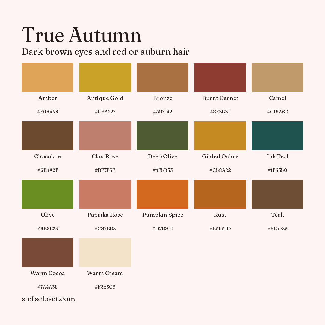 True Autumn palette: 17 colors, Amber, Antique Gold, Bronze, and more, each with its hex code.