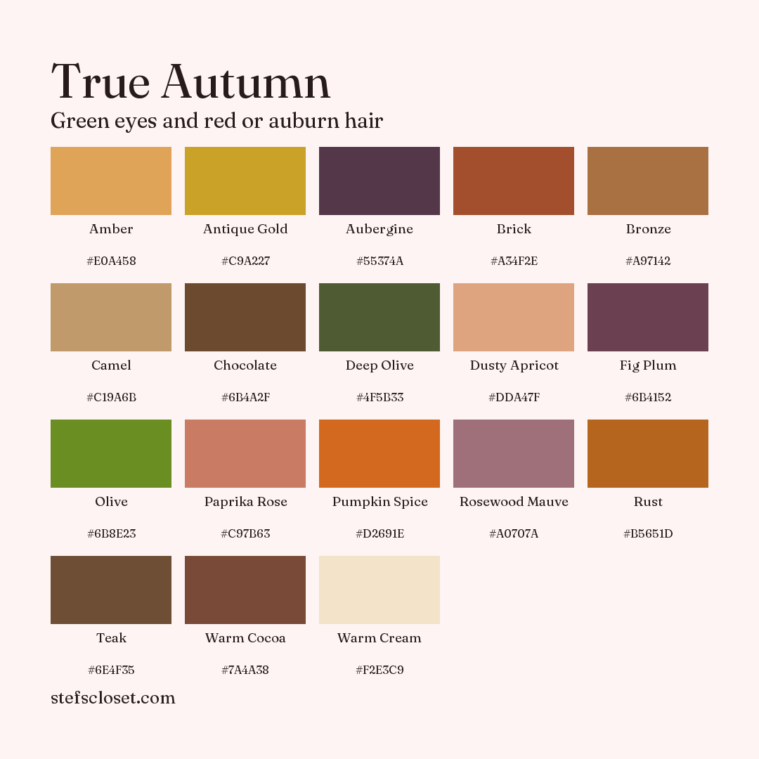 True Autumn palette: 18 colors, Amber, Antique Gold, Aubergine, and more, each with its hex code.