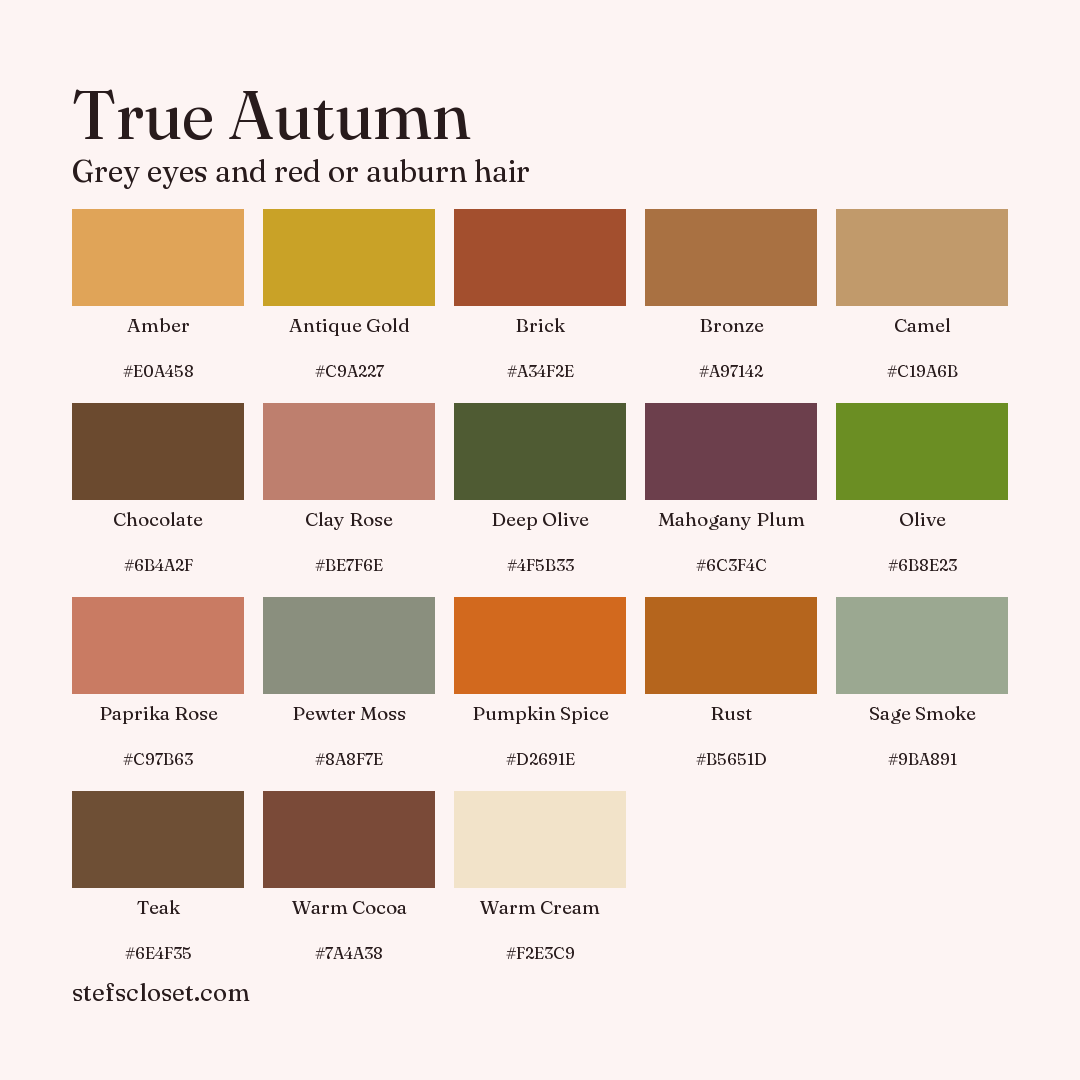 True Autumn palette: 18 colors, Amber, Antique Gold, Brick, and more, each with its hex code.