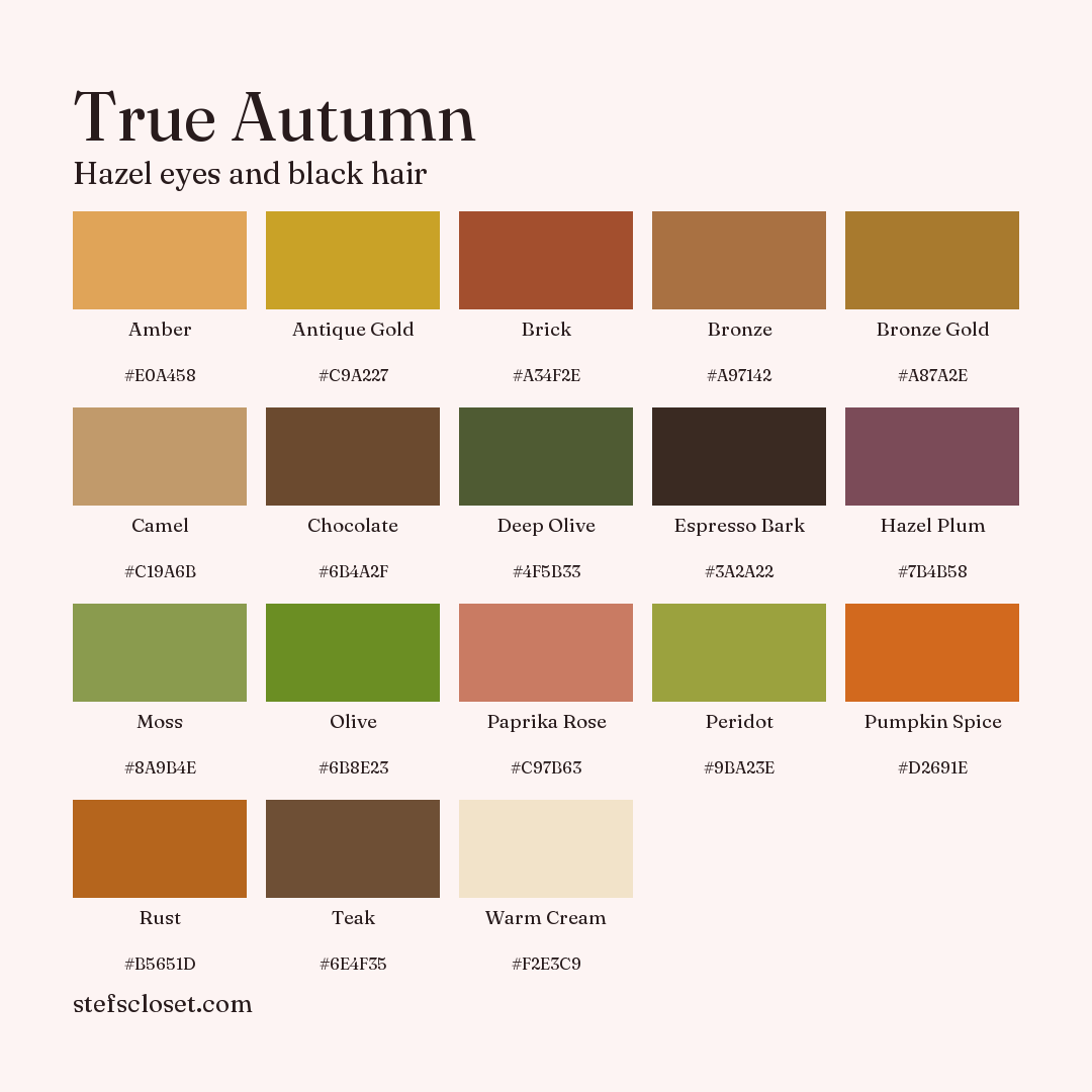 True Autumn palette: 18 colors, Amber, Antique Gold, Brick, and more, each with its hex code.
