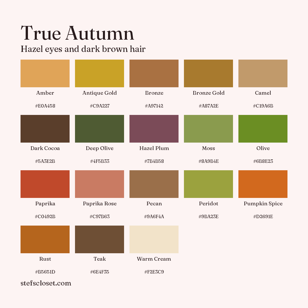 True Autumn palette: 18 colors, Amber, Antique Gold, Bronze, and more, each with its hex code.