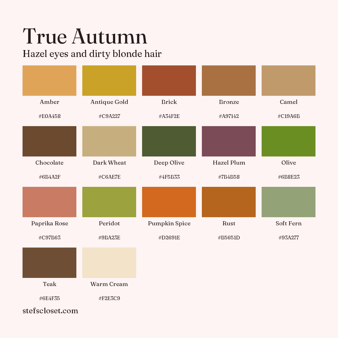 True Autumn palette: 17 colors, Amber, Antique Gold, Brick, and more, each with its hex code.