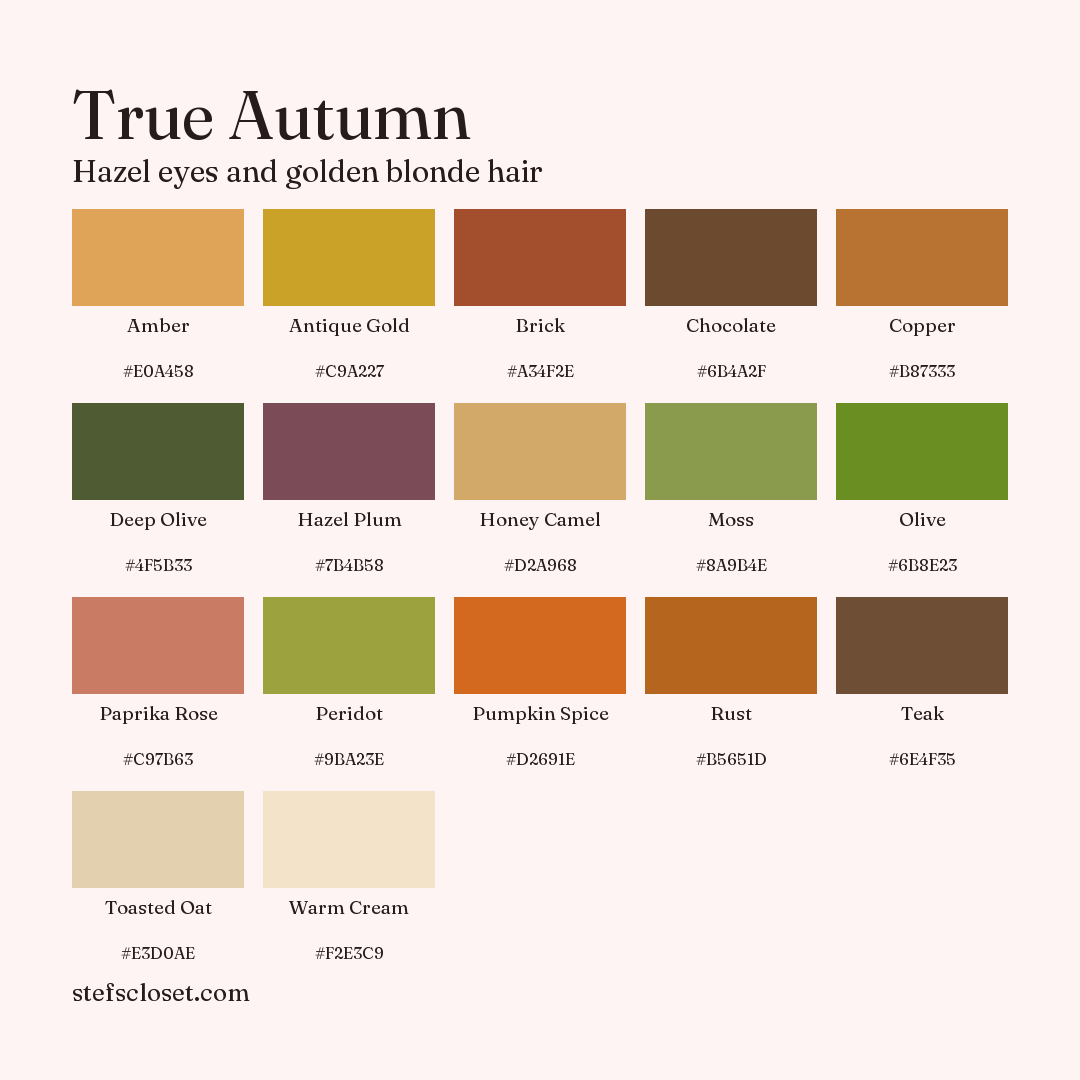 True Autumn palette: 17 colors, Amber, Antique Gold, Brick, and more, each with its hex code.