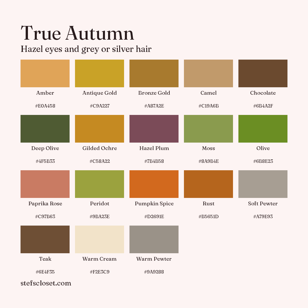 True Autumn palette: 18 colors, Amber, Antique Gold, Bronze Gold, and more, each with its hex code.