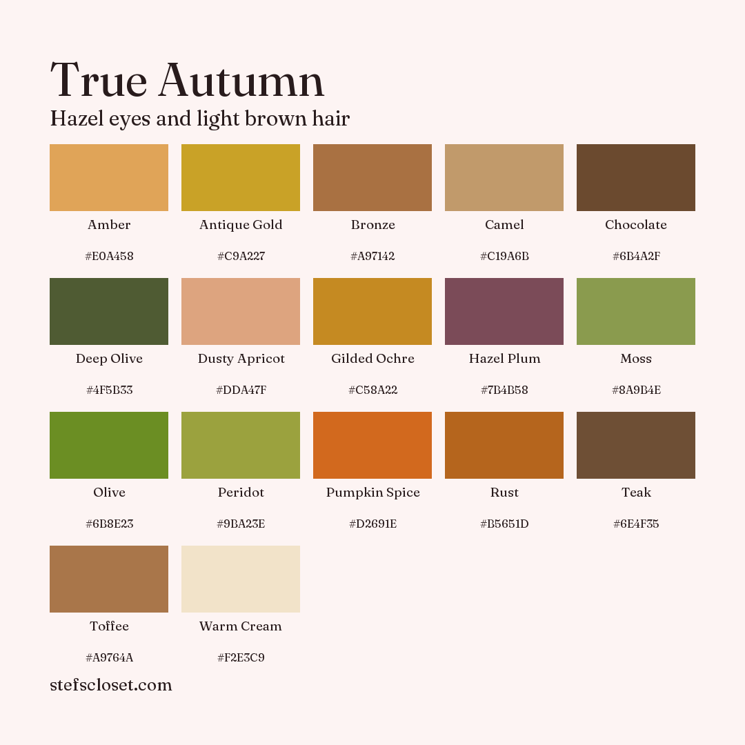 True Autumn palette: 17 colors, Amber, Antique Gold, Bronze, and more, each with its hex code.