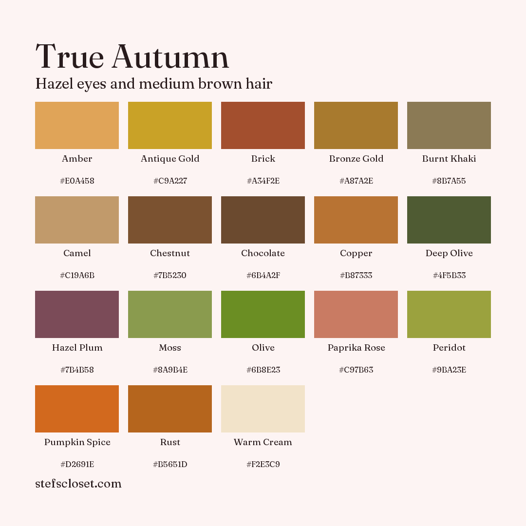 True Autumn palette: 18 colors, Amber, Antique Gold, Brick, and more, each with its hex code.