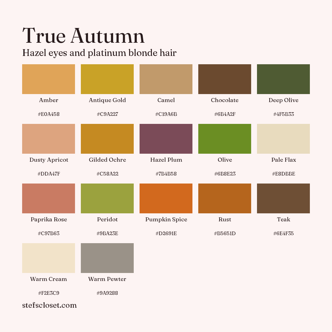 True Autumn palette: 17 colors, Amber, Antique Gold, Camel, and more, each with its hex code.