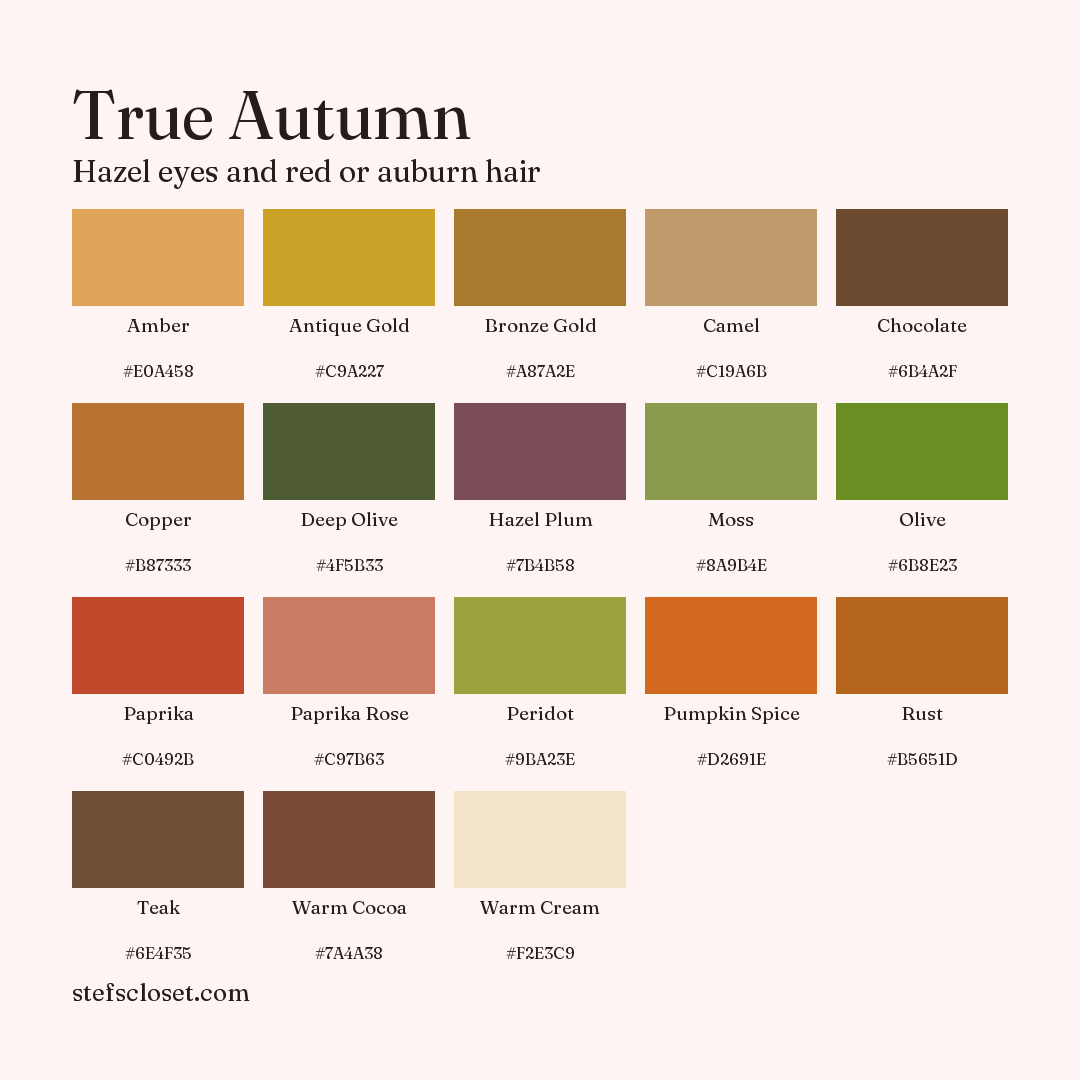 True Autumn palette: 18 colors, Amber, Antique Gold, Bronze Gold, and more, each with its hex code.
