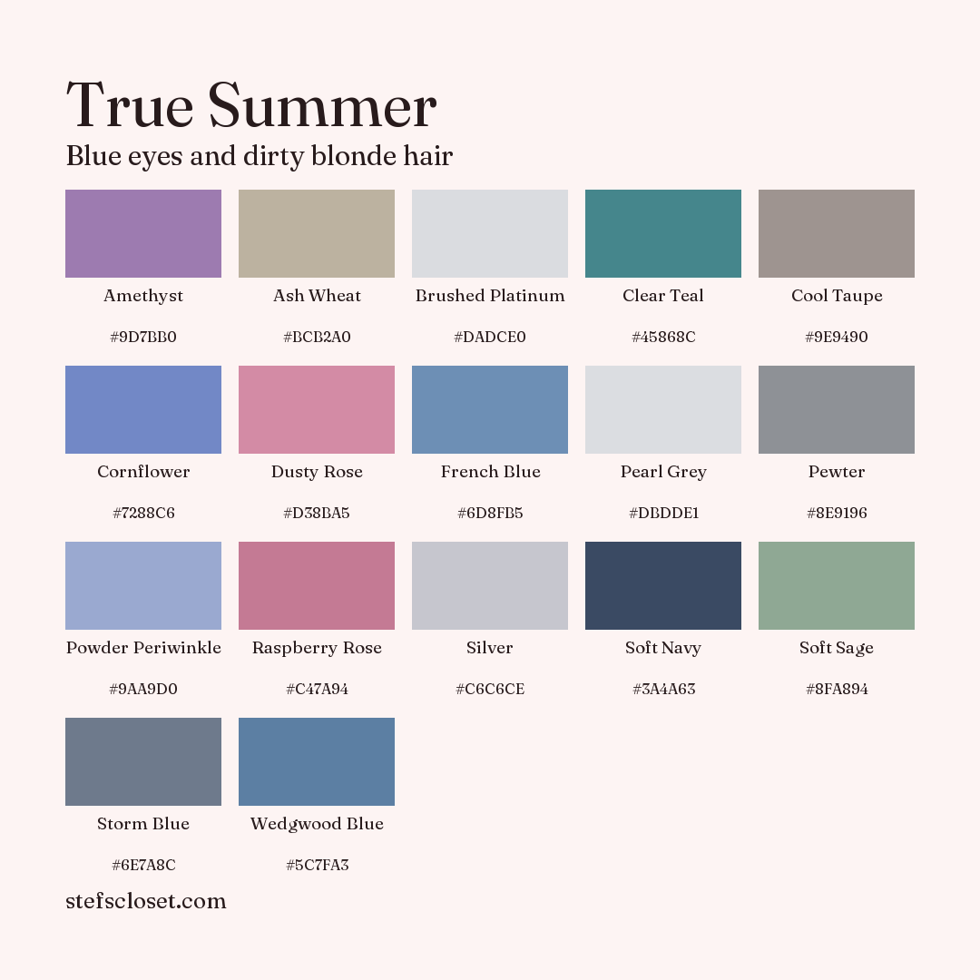 True Summer palette: 17 colors, Amethyst, Ash Wheat, Brushed Platinum, and more, each with its hex code.