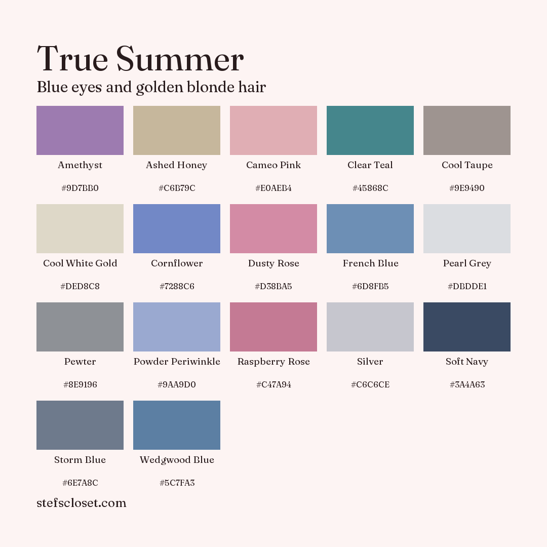 True Summer palette: 17 colors, Amethyst, Ashed Honey, Cameo Pink, and more, each with its hex code.