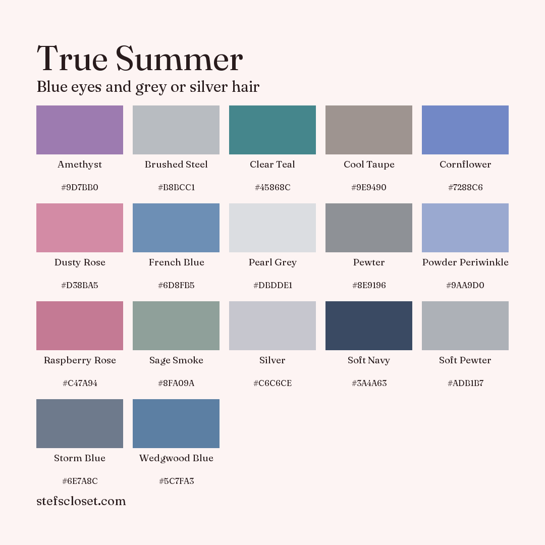 True Summer palette: 17 colors, Amethyst, Brushed Steel, Clear Teal, and more, each with its hex code.