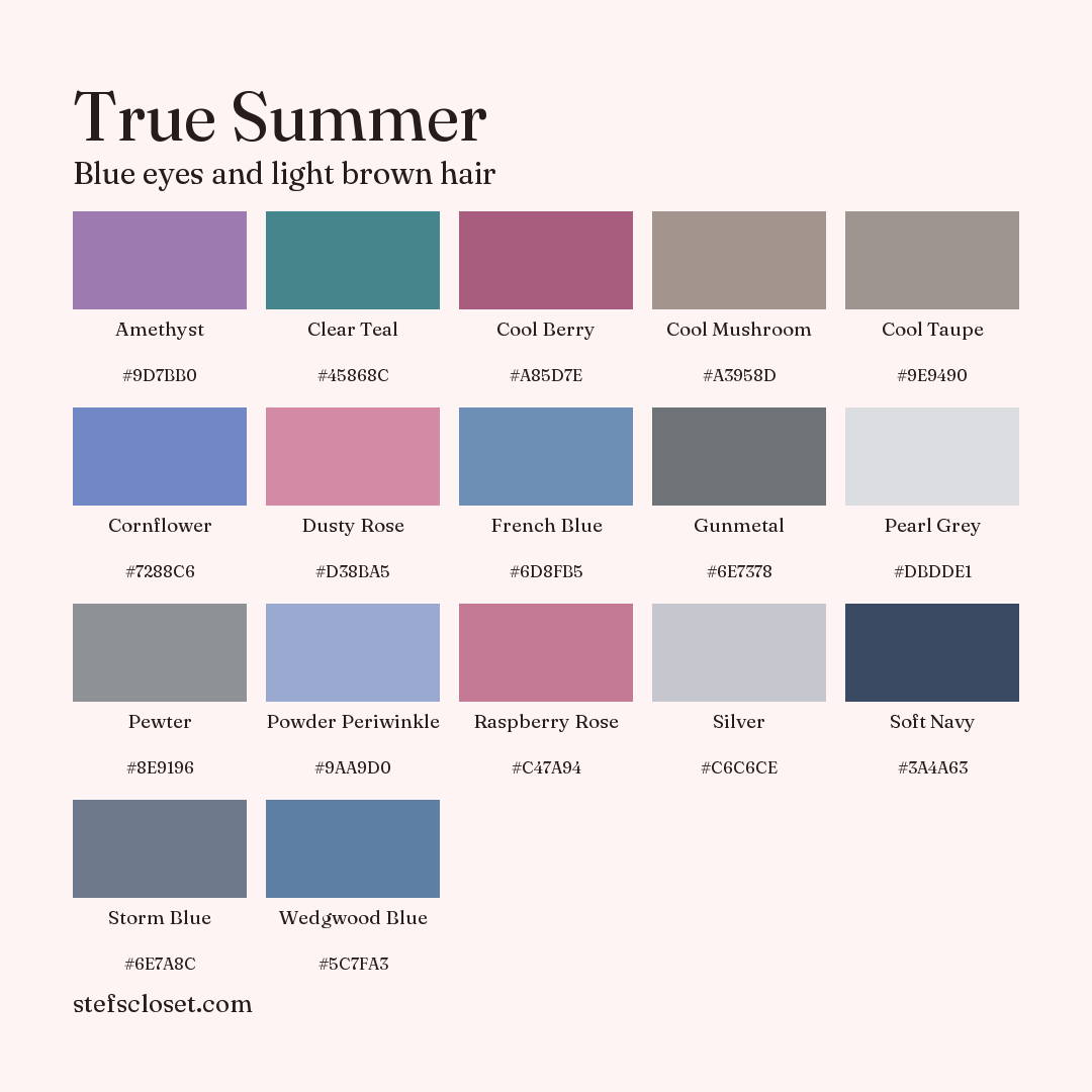 True Summer palette: 17 colors, Amethyst, Clear Teal, Cool Berry, and more, each with its hex code.