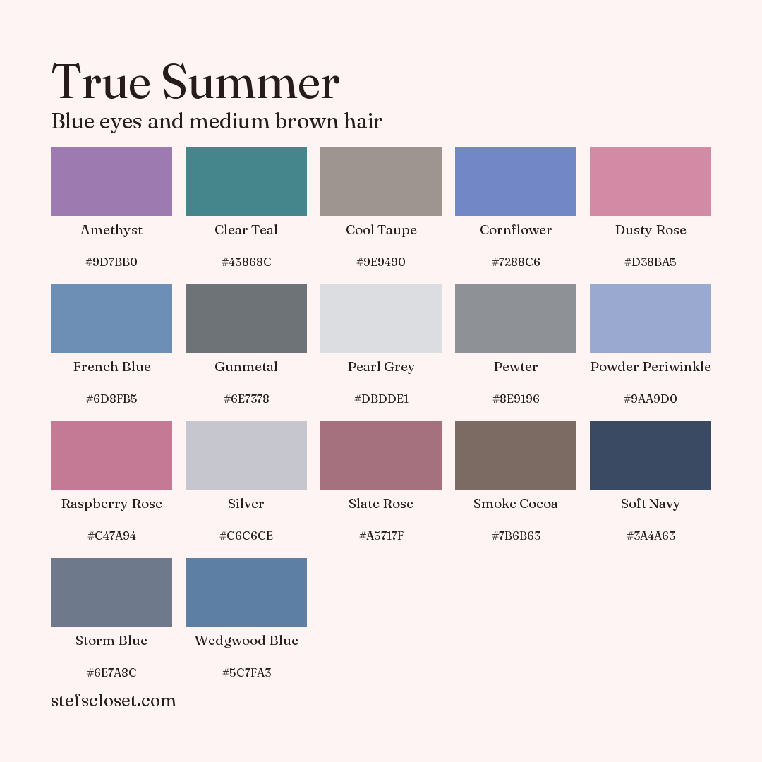 True Summer palette: 17 colors, Amethyst, Clear Teal, Cool Taupe, and more, each with its hex code.