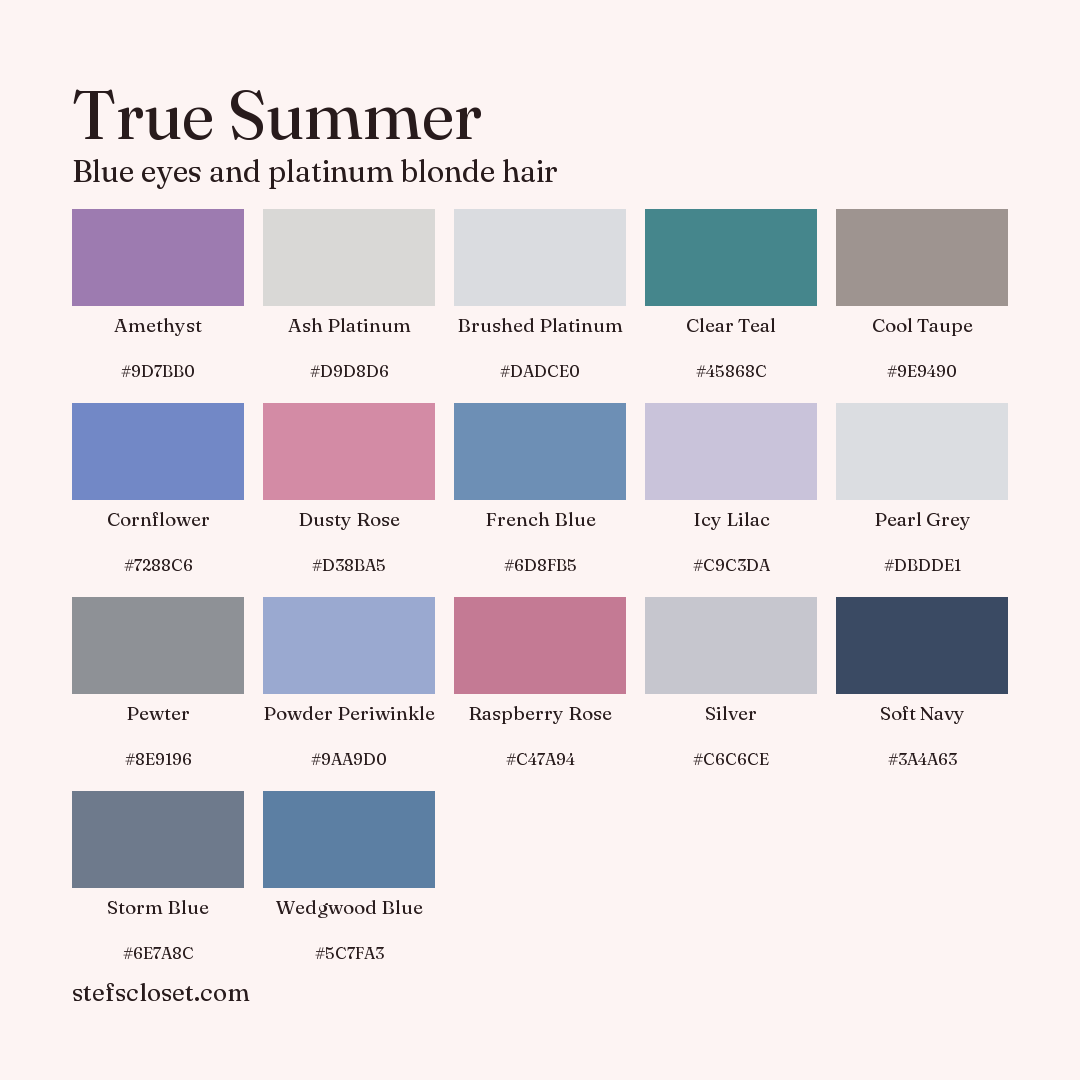 True Summer palette: 17 colors, Amethyst, Ash Platinum, Brushed Platinum, and more, each with its hex code.
