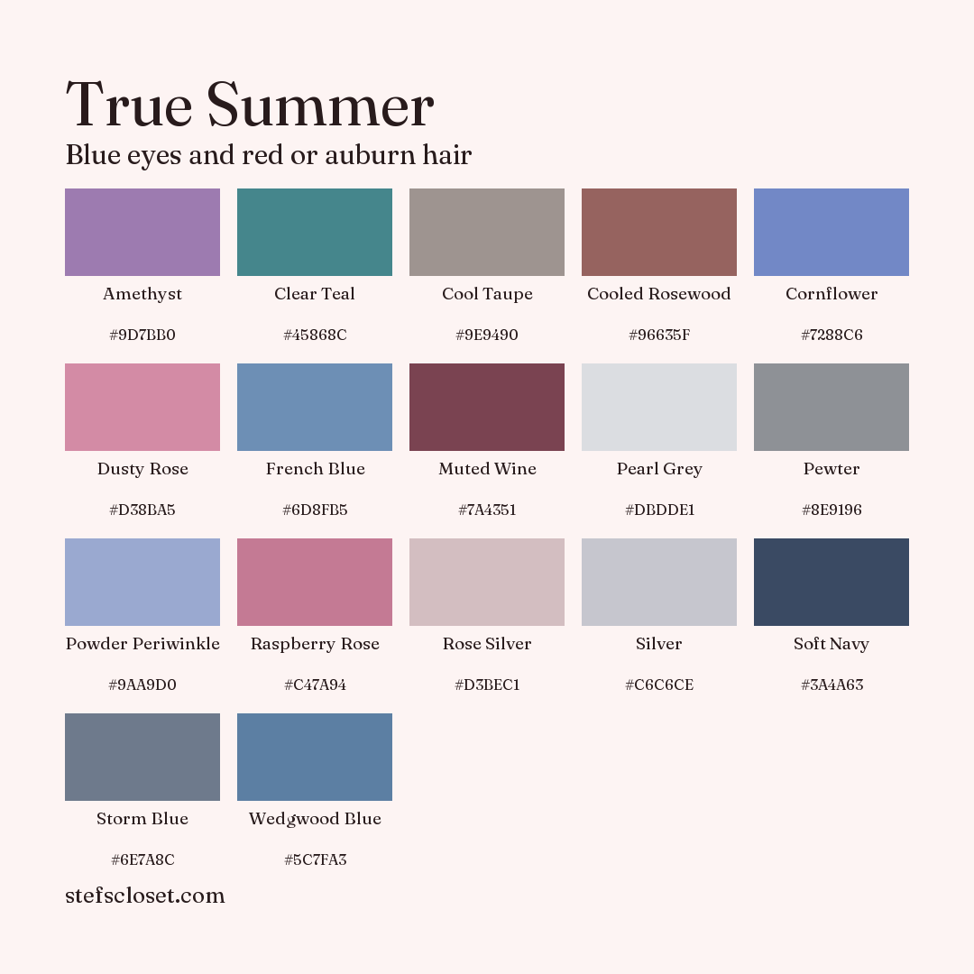 True Summer palette: 17 colors, Amethyst, Clear Teal, Cool Taupe, and more, each with its hex code.