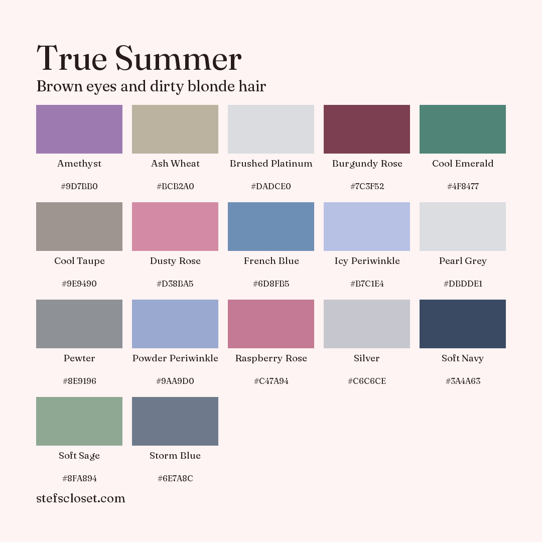 True Summer palette: 17 colors, Amethyst, Ash Wheat, Brushed Platinum, and more, each with its hex code.